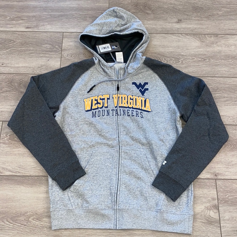 NWT’S RUSSELL WV MOUNTAINEERS MENS ZIP UP HOODIE SIZE MEDIUM 38-40